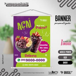 BANNERS AÇAÍ - Modelos Prontos Lona Brilho 340g  4x0 Impressão só Frente  Bastão e Corda 