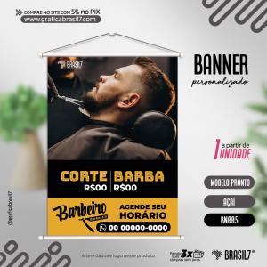 BANNERS BARBEARIA - Modelos Prontos Lona Brilho 340g  4x0 Impressão só Frente  Bastão e Corda 