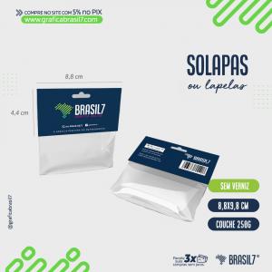 SOLAPA Lapela para Embalagens 9X10 Sem Verniz Couchê Brilho 250g. 9,8x8,8cm Aberto | 4,4x8,8cm Fechado 4x0  Impressão por fora Sem Verniz. Vinco central + Furo Padrão 